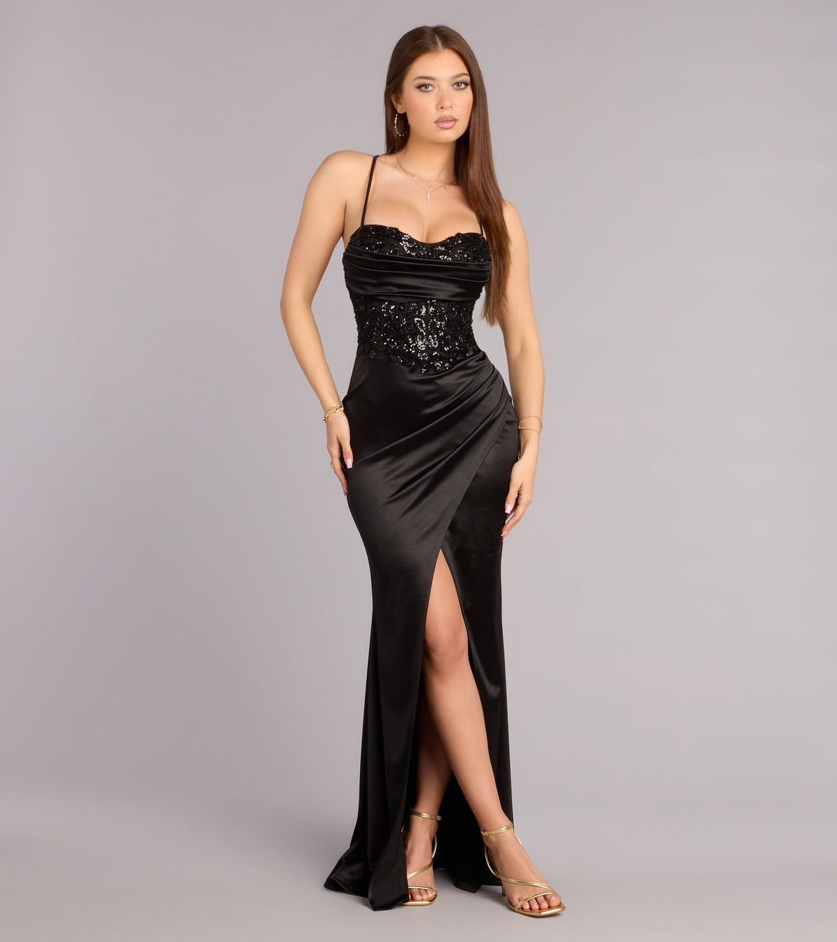 Helga Satin Beaded Lace-Up Formal Dress