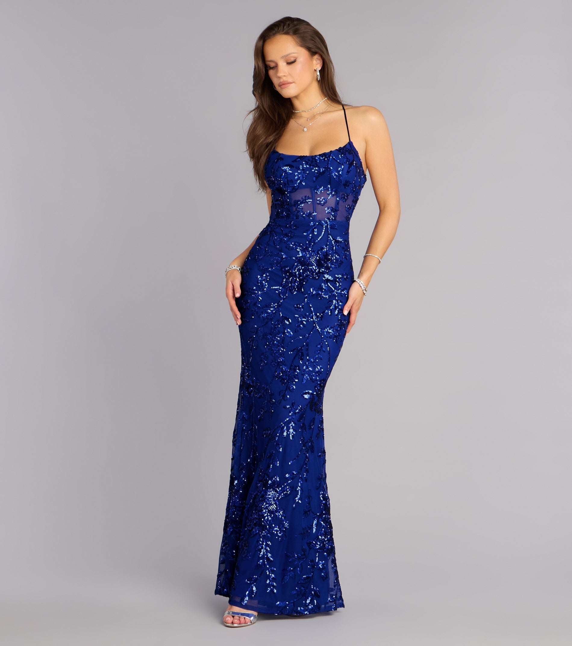 Kaelie Floral Sequin Open Back Mermaid Dress
