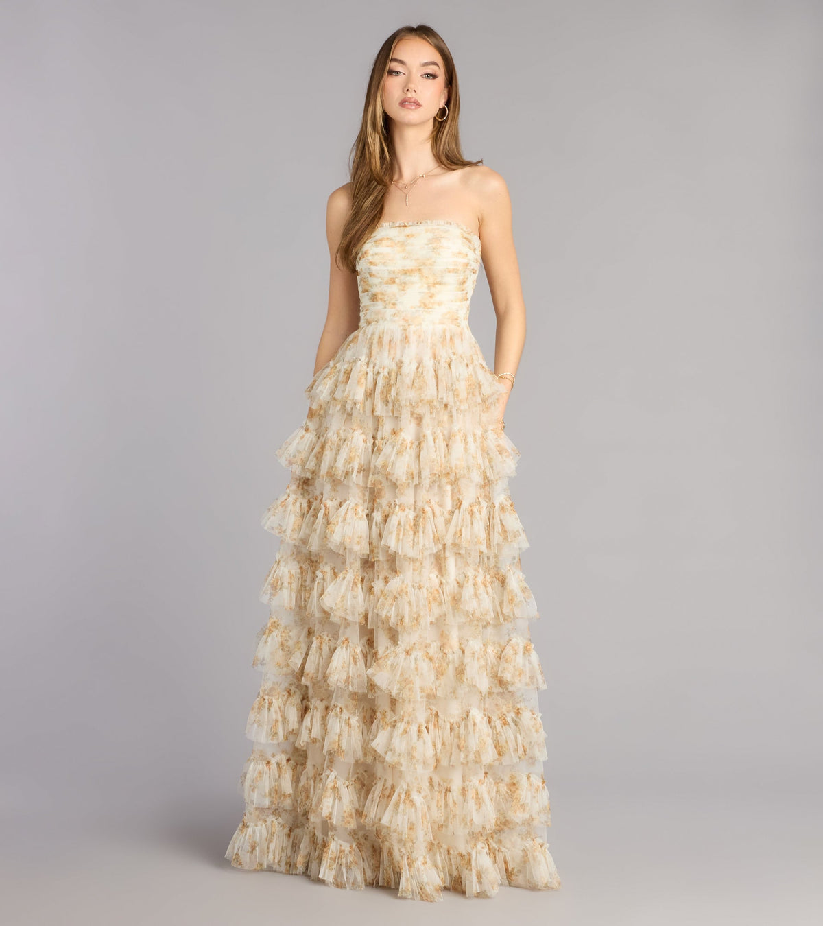 Madisyn Floral Lace-Up Ruffle Ball Gown