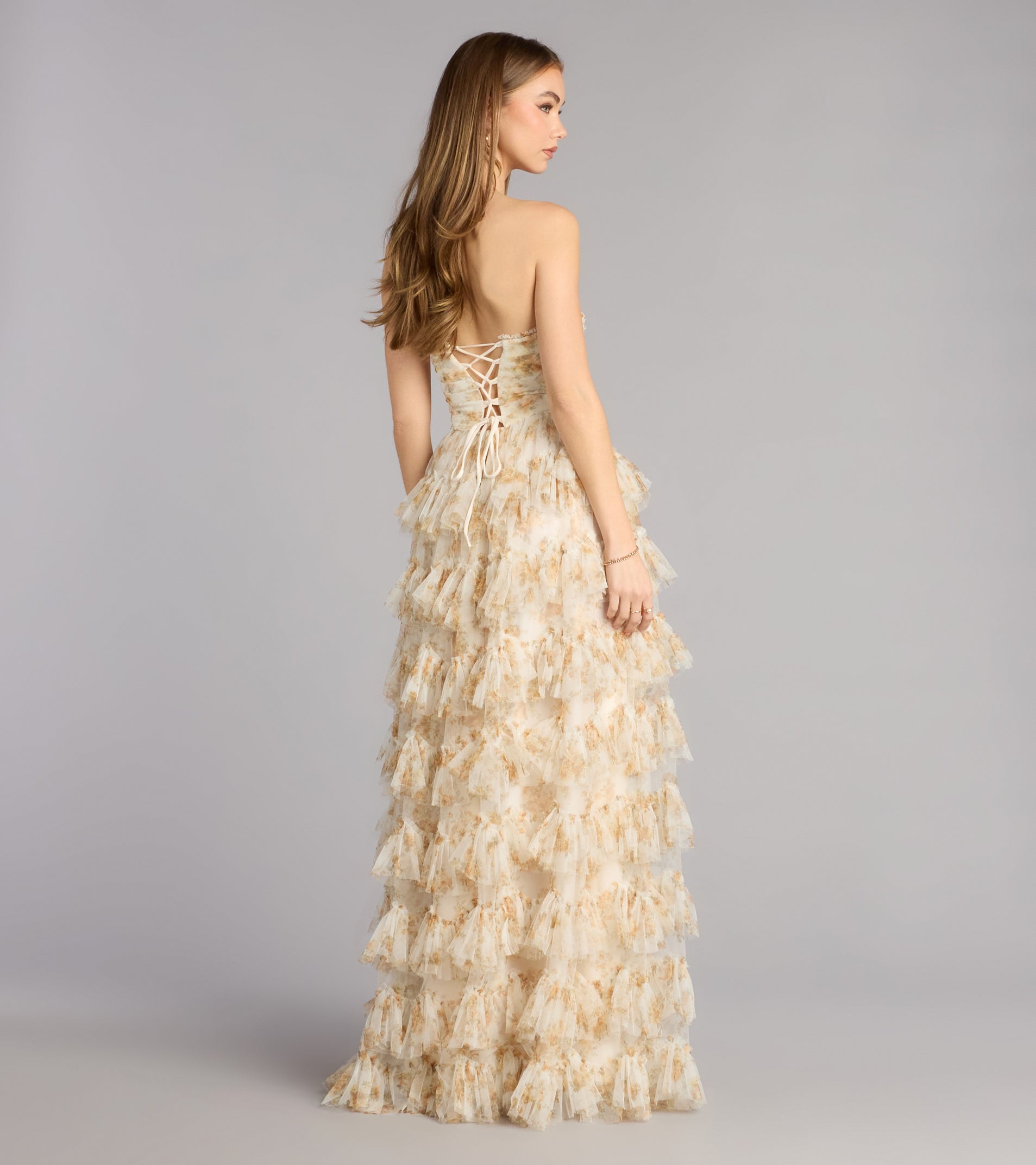 Madisyn Floral Lace-Up Ruffle Ball Gown