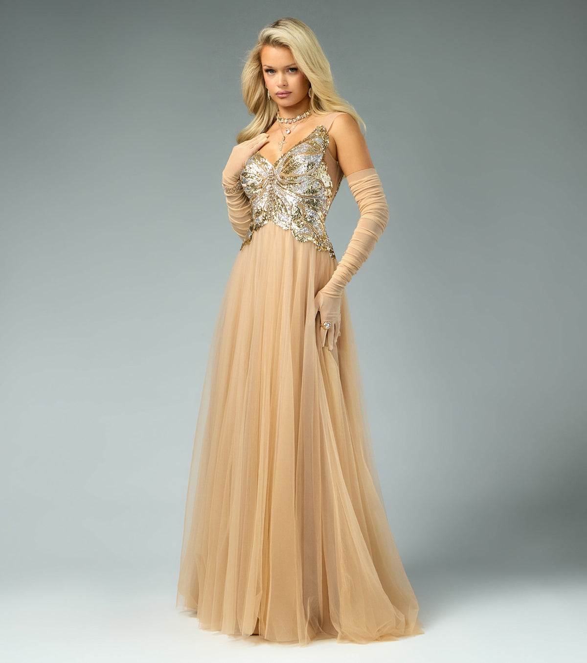 Rona Sequin Applique Butterfly A-Line Ball Gown