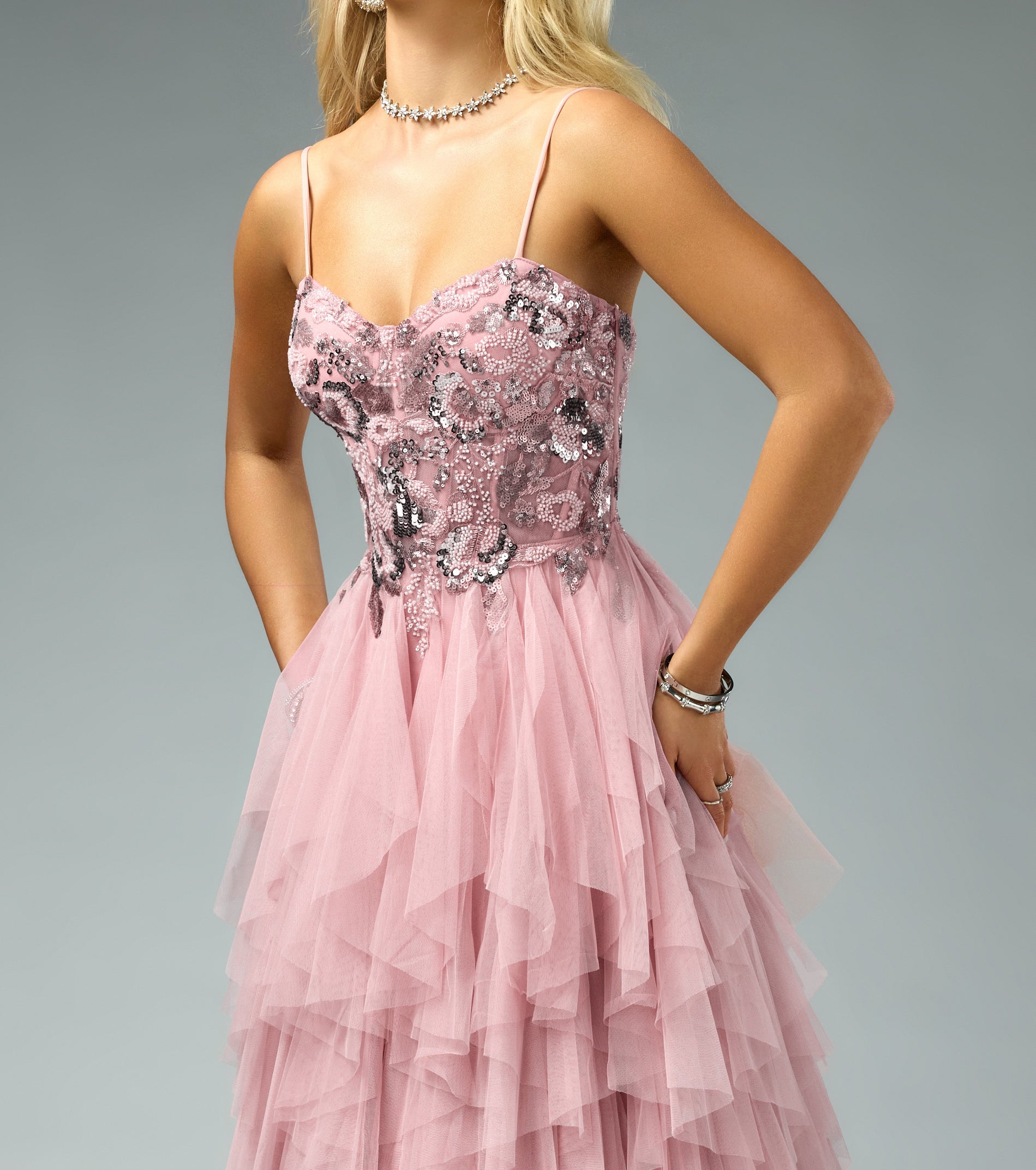 Amara Sequin Tulle Floral A-Line Gown