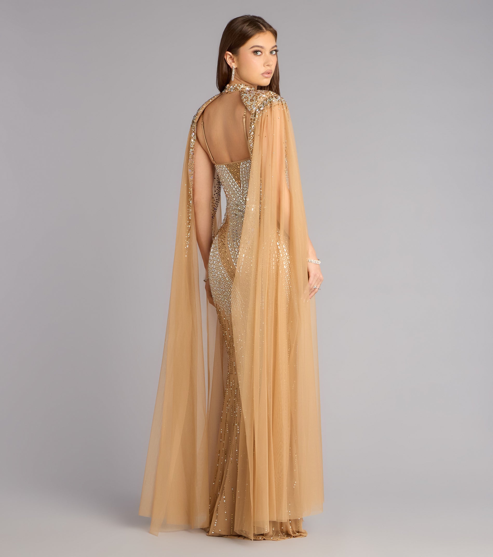 Kayte Rhinestone Mermaid Dress With Cape