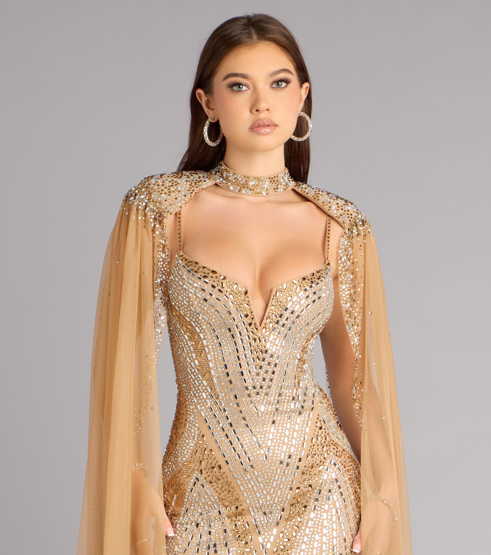 Kayte Rhinestone Mermaid Dress With Cape