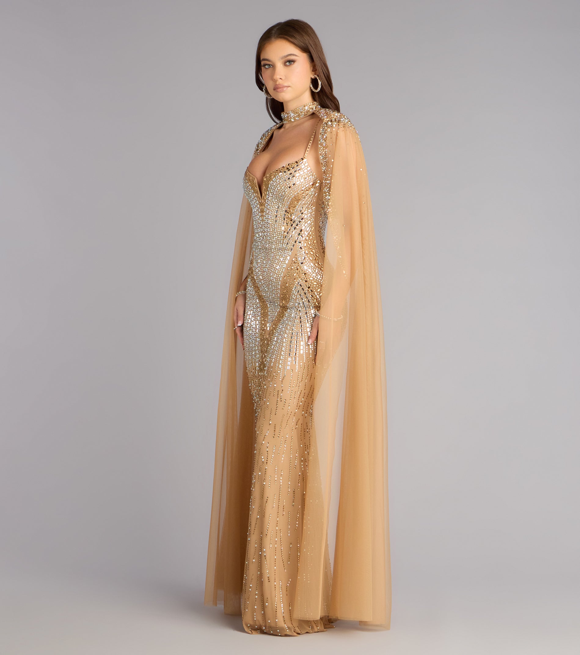 Kayte Rhinestone Mermaid Dress With Cape
