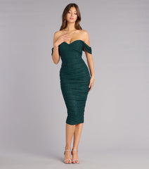 Glam Obsessed Glitter Off-The-Shoulder Midi Dress