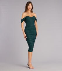 Glam Obsessed Glitter Off-The-Shoulder Midi Dress