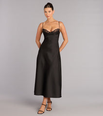 Whispered Elegance Lace Trim Satin Midi Dress