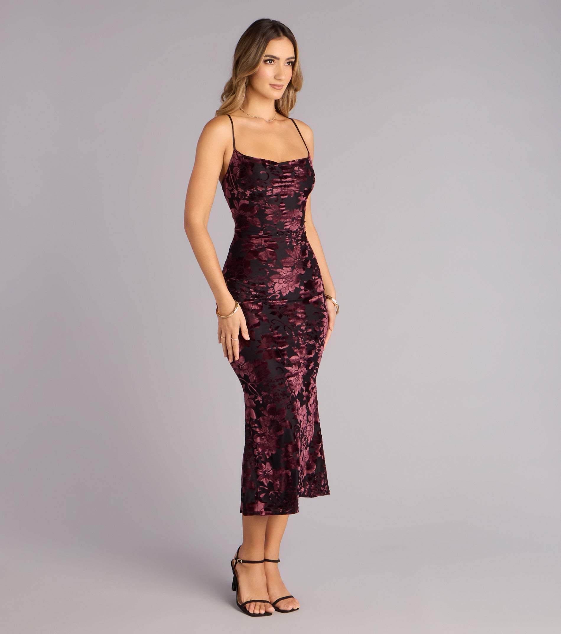 Floral After Dark Burnout Lace-Up Midi Dress