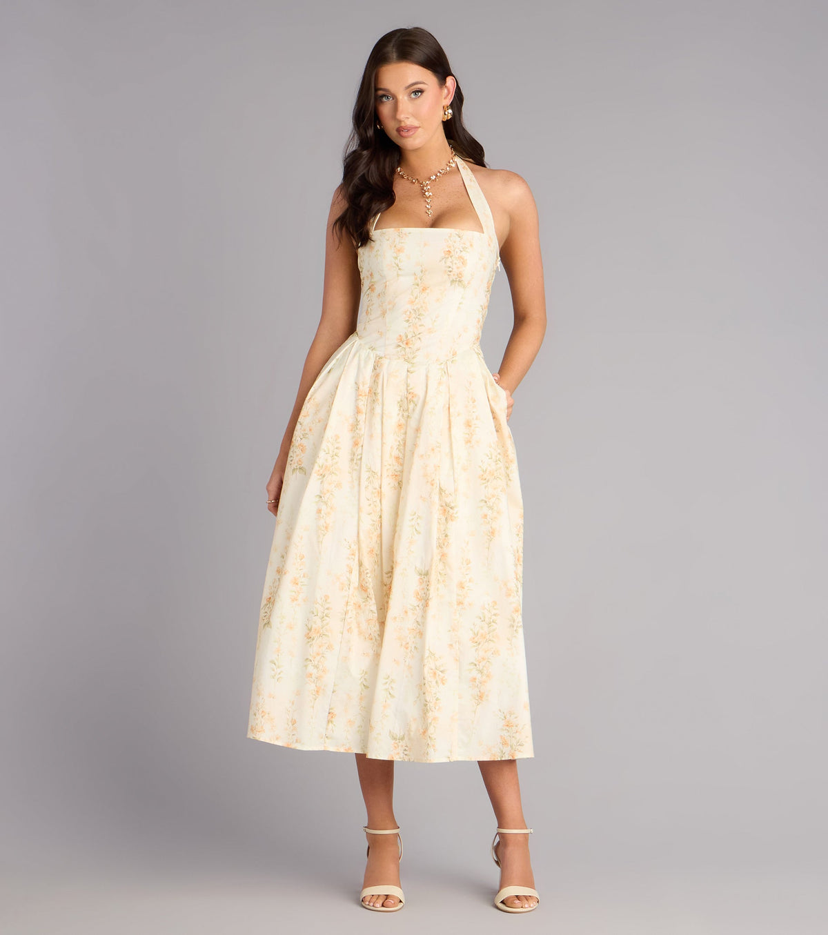 Petals And Plans Halter Lace-Up Midi Dress