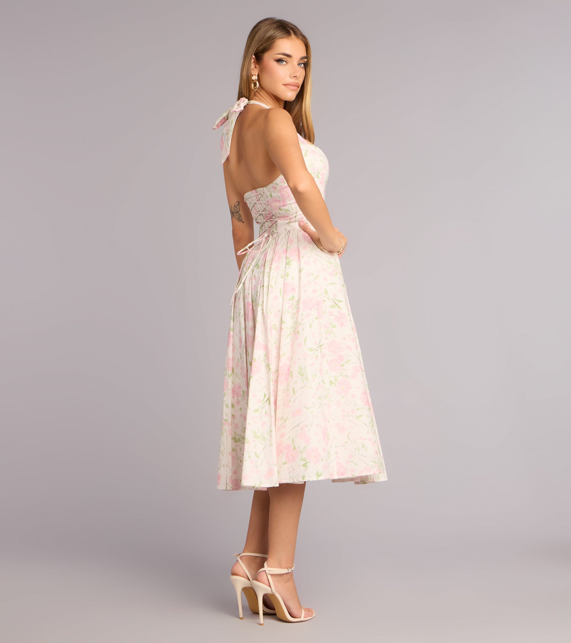 Petals And Plans Halter Lace-Up Midi Dress