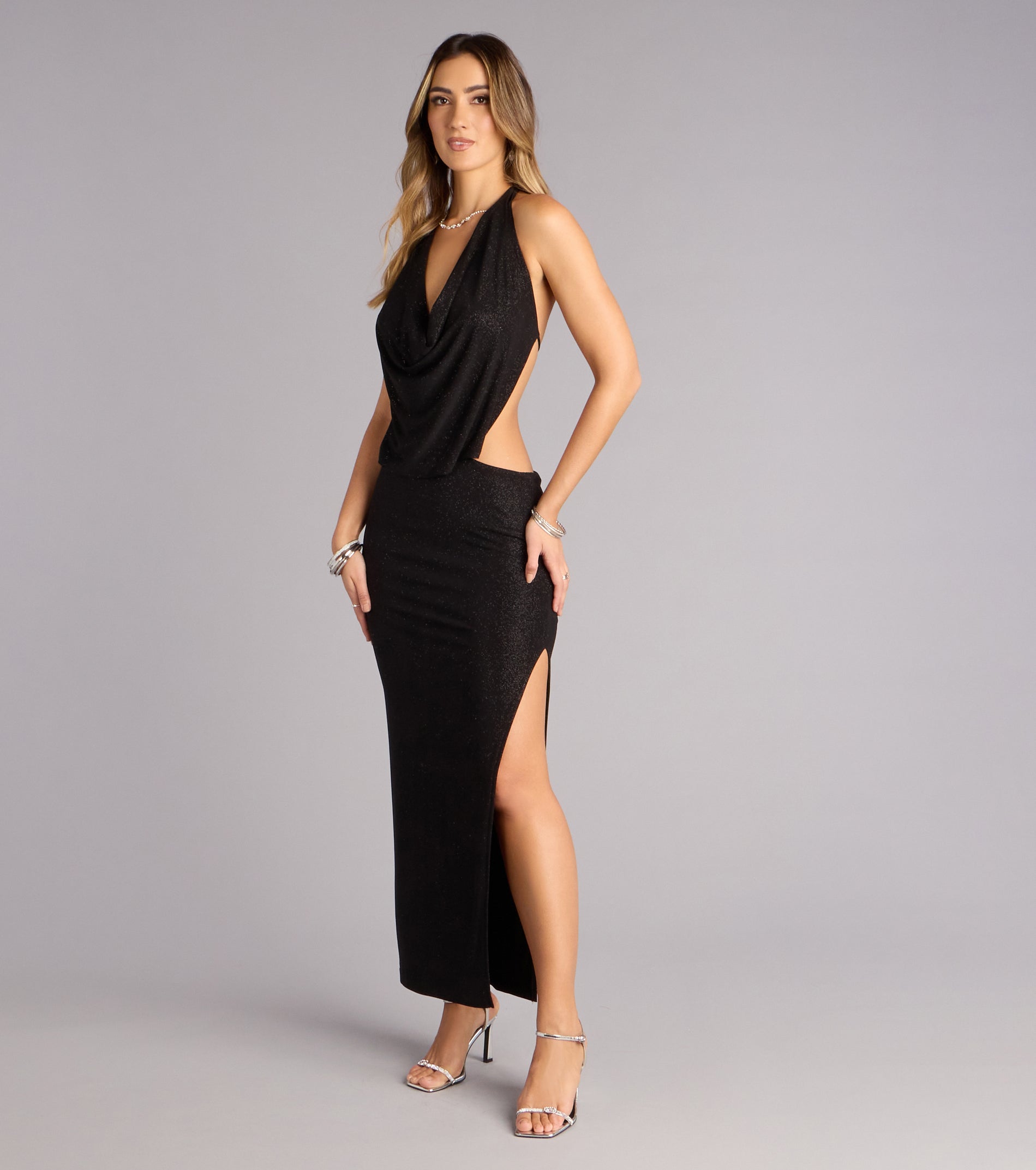 Midnight Intentions Glitter Halter Maxi Dress
