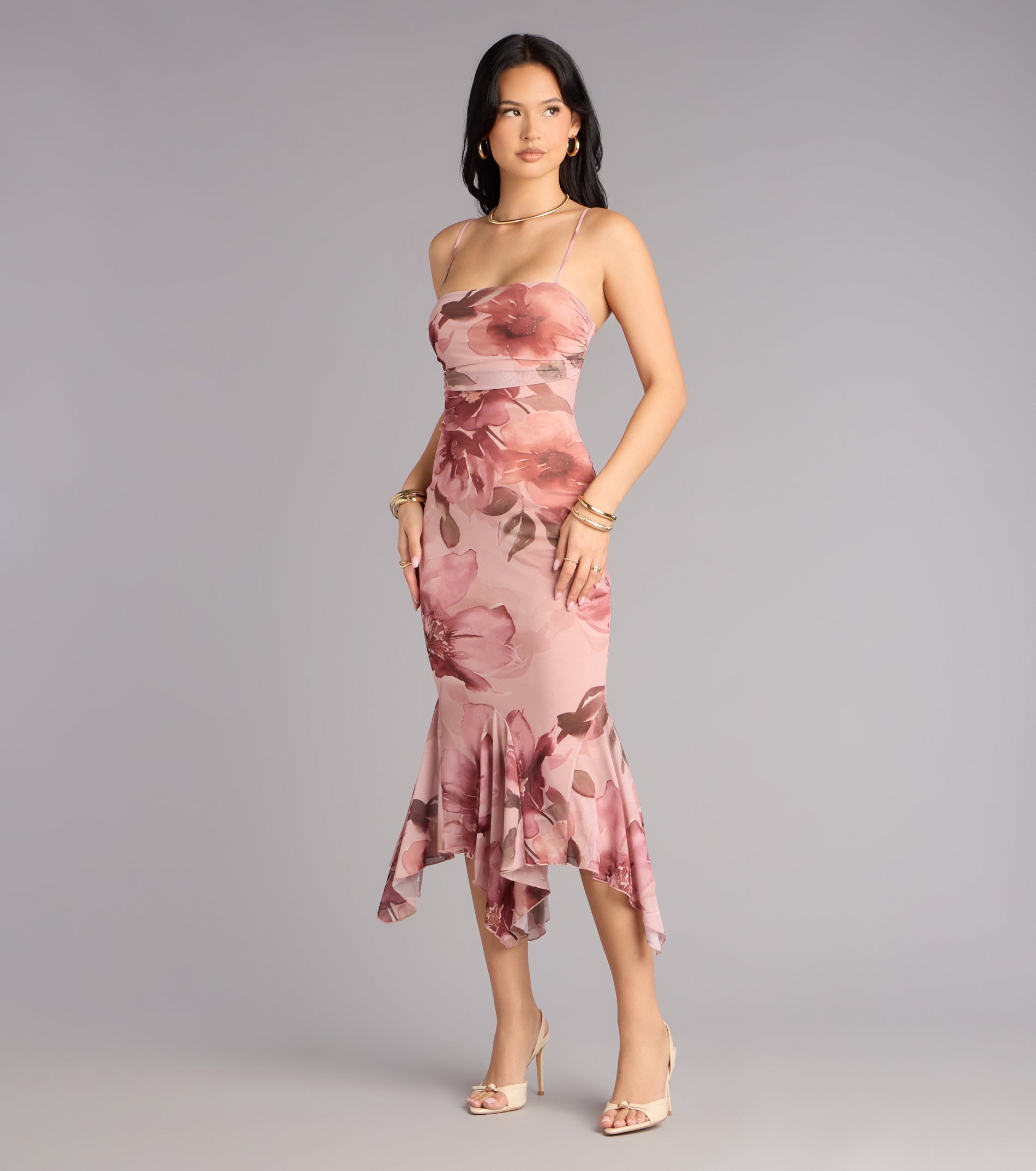 Sweet Flirt Floral Mesh Ruffle Midi Dress