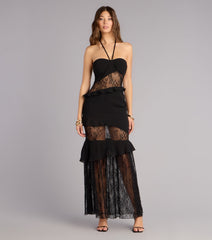 Save the Date Lace Halter Ruffle Maxi Dress
