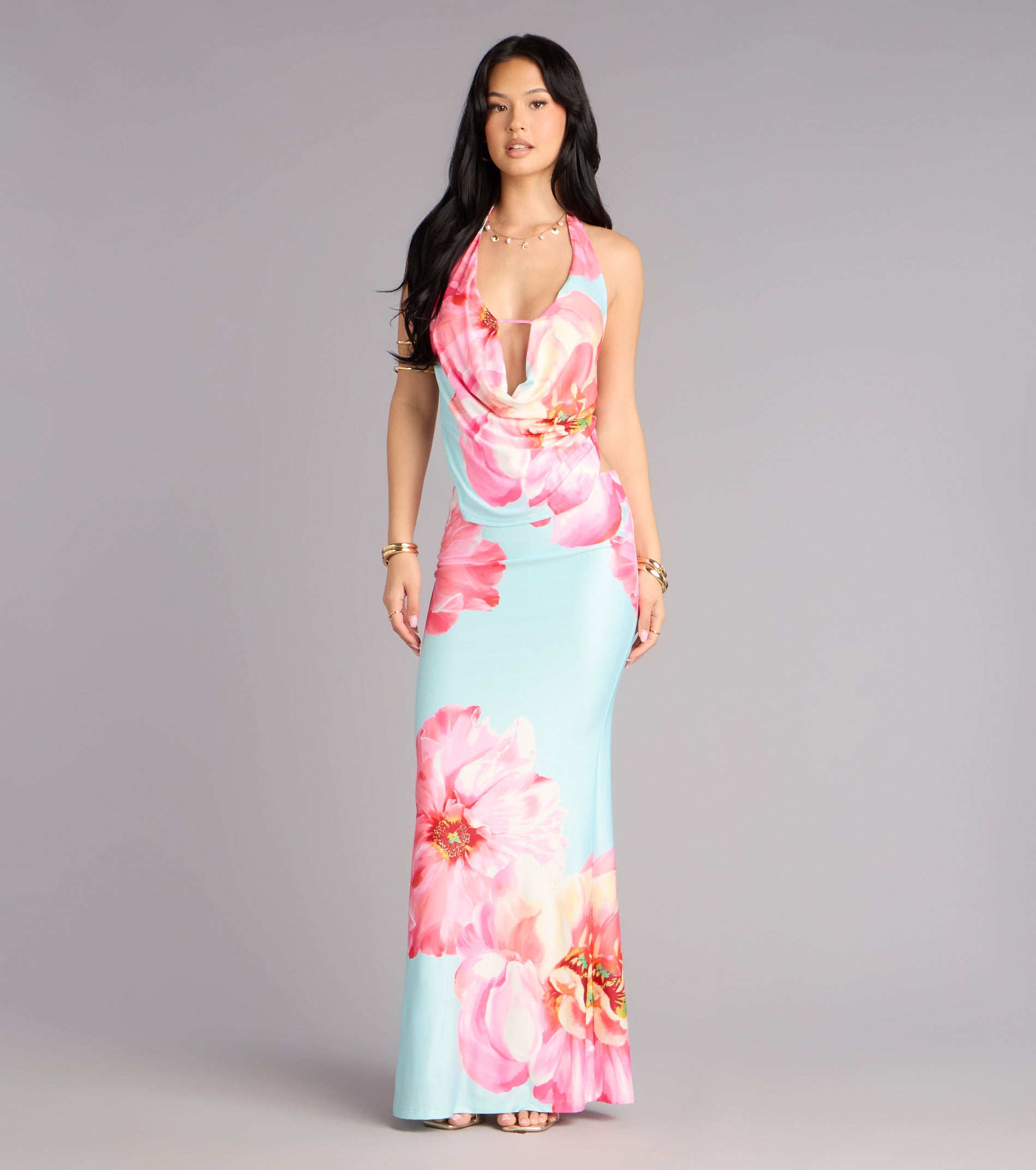Bold Confidence Floral Print Cowl Neck Maxi Dress