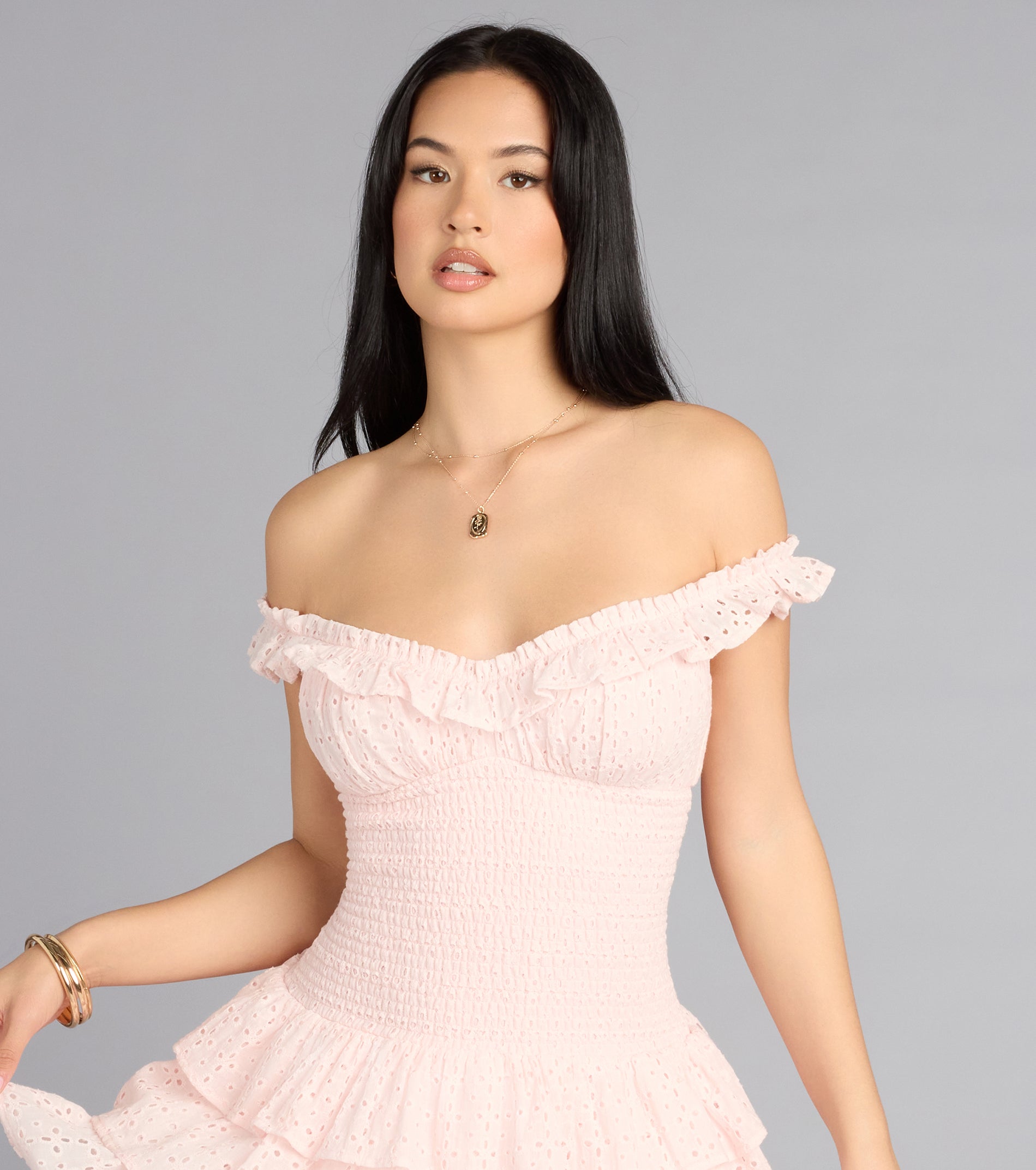 Sweet Plans Eyelet Off-The-Shoulder Skater Dress