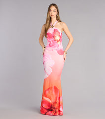 Bloom Agenda Floral Mesh Halter Maxi Dress