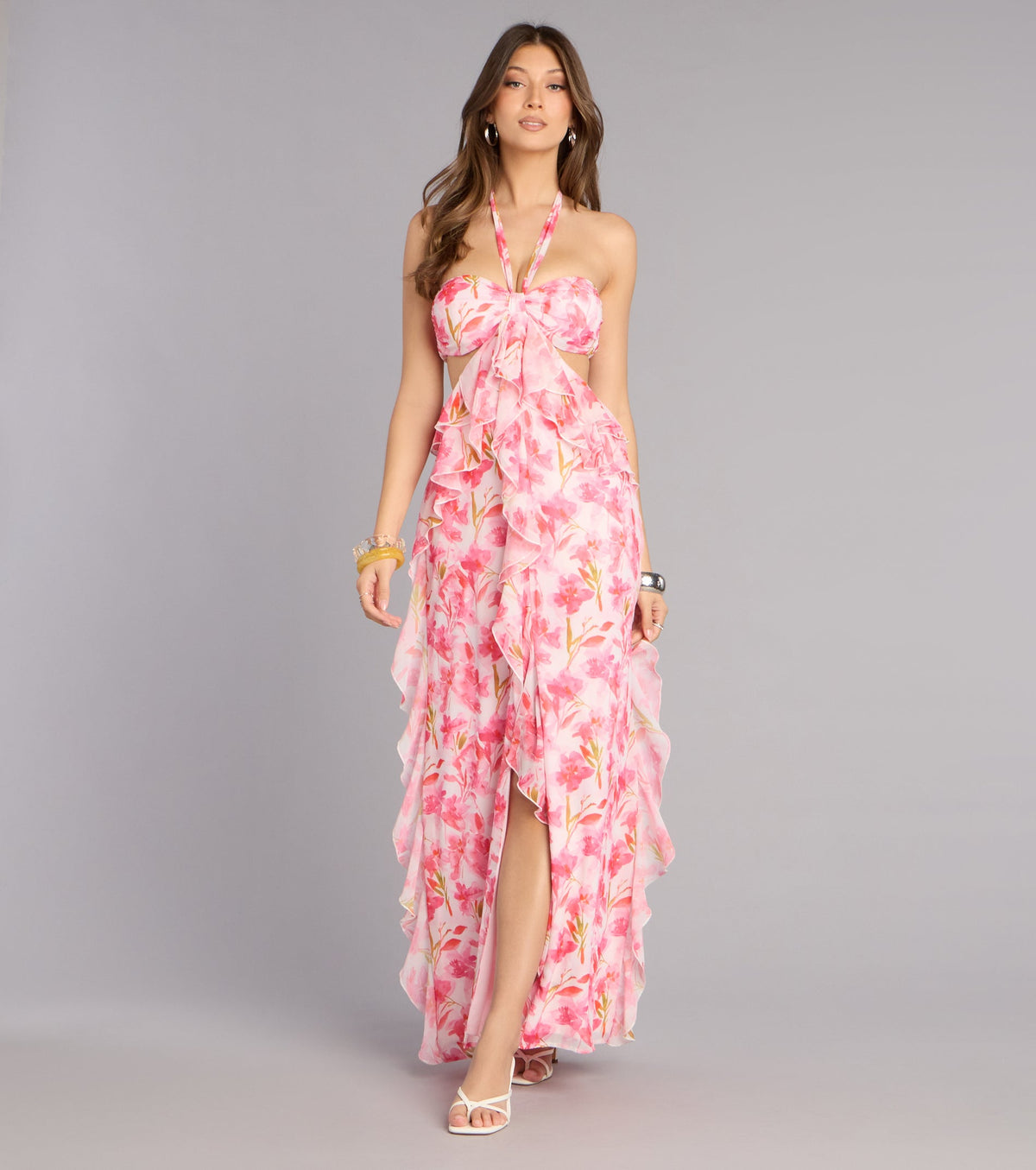 Double Take Floral Chiffon Ruffle Maxi Dress