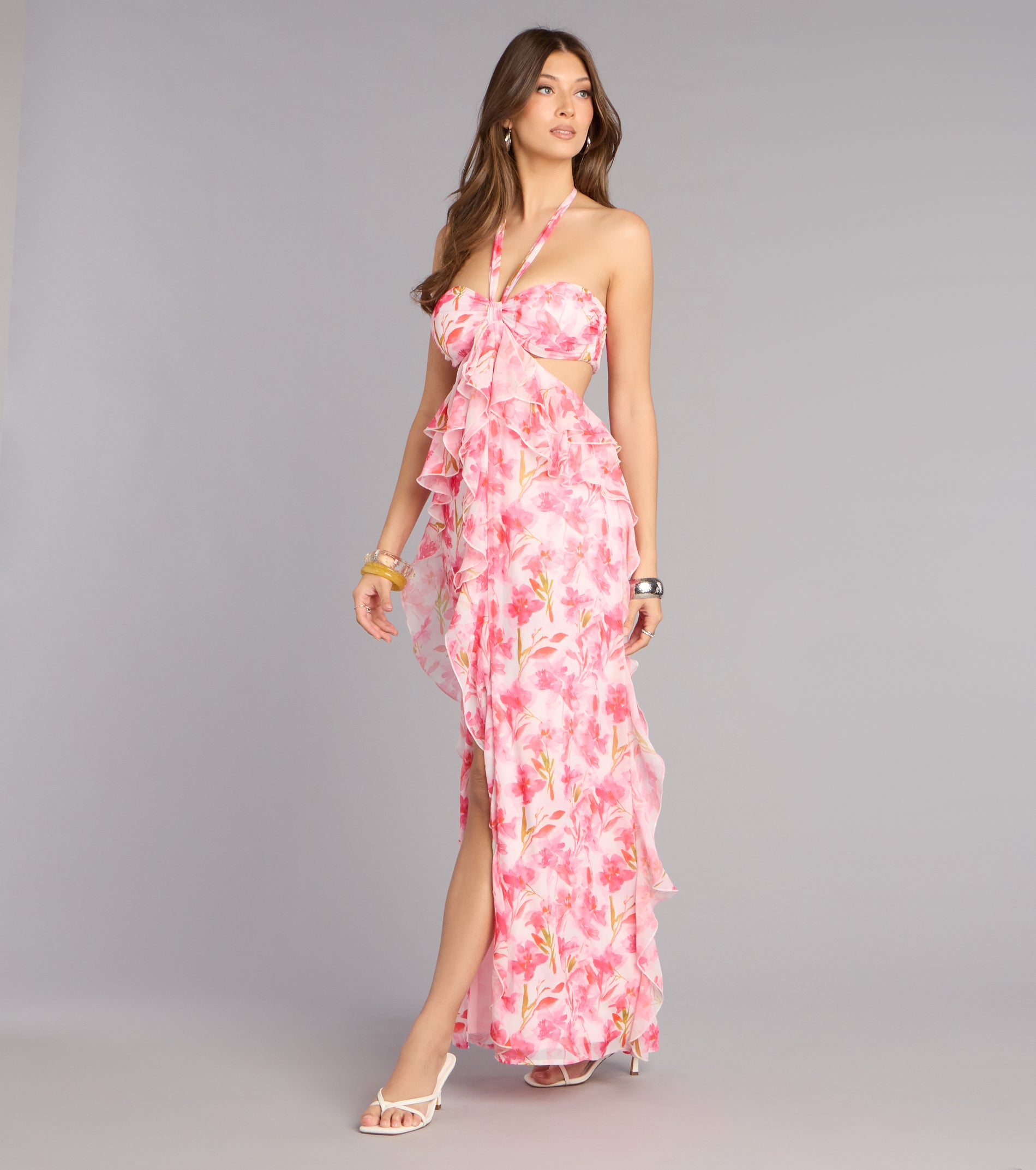 Double Take Floral Chiffon Ruffle Maxi Dress