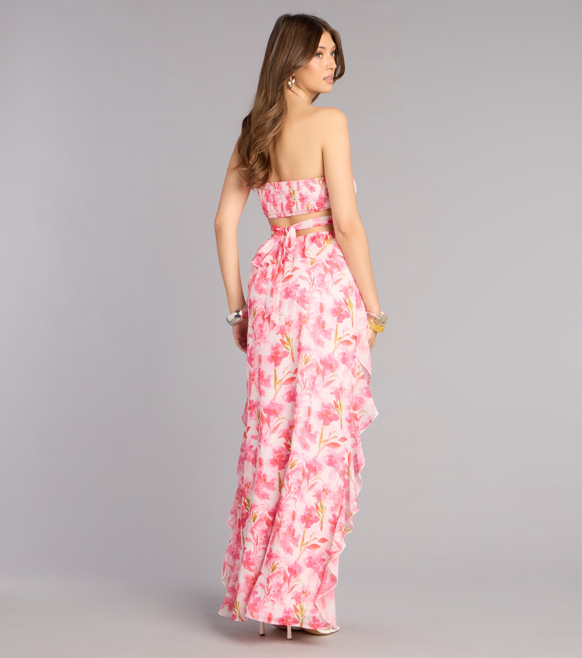 Double Take Floral Chiffon Ruffle Maxi Dress