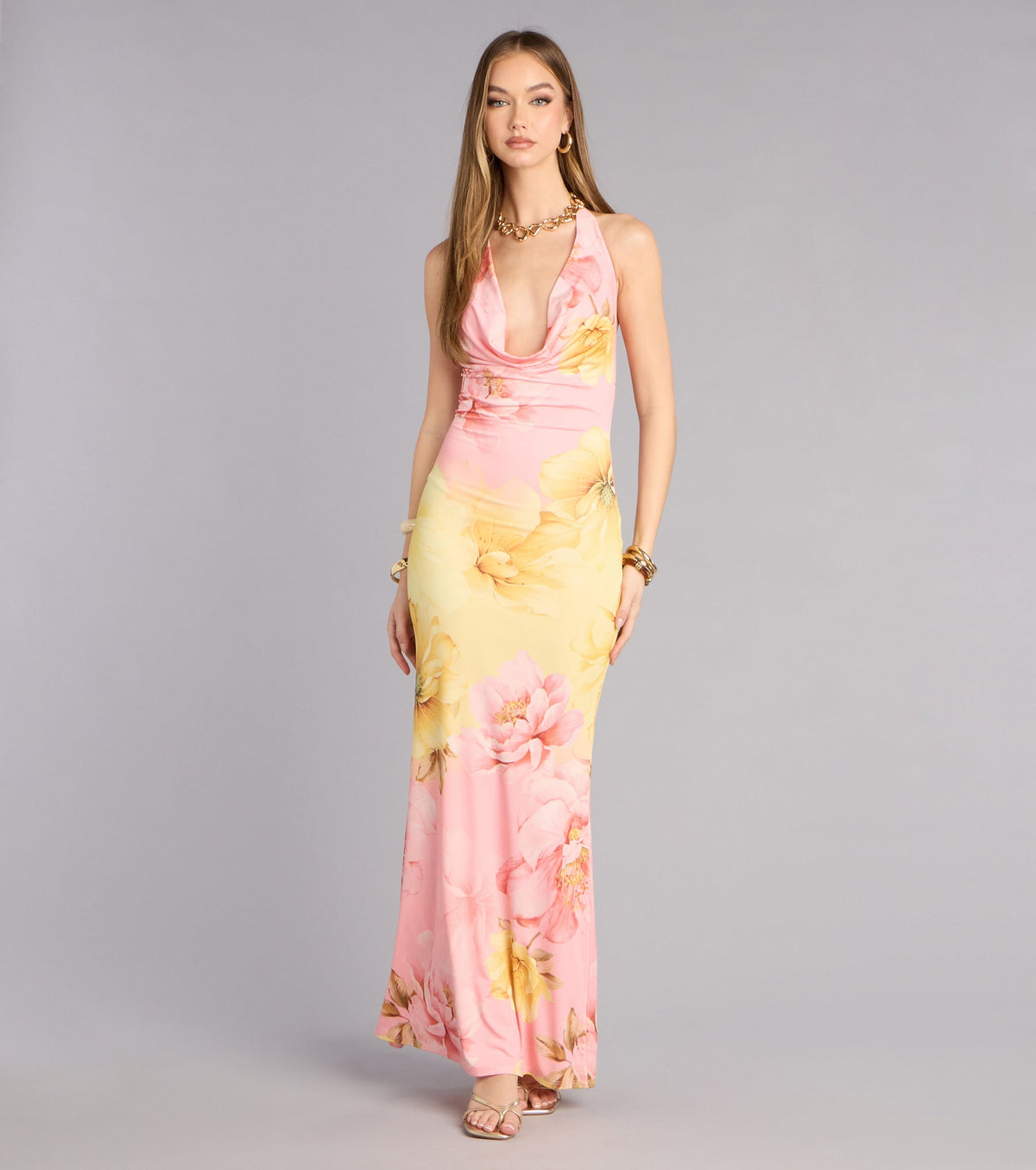 Sunset Garden Floral Cowl Neck Maxi Dress