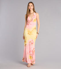 Sunset Garden Floral Cowl Neck Maxi Dress