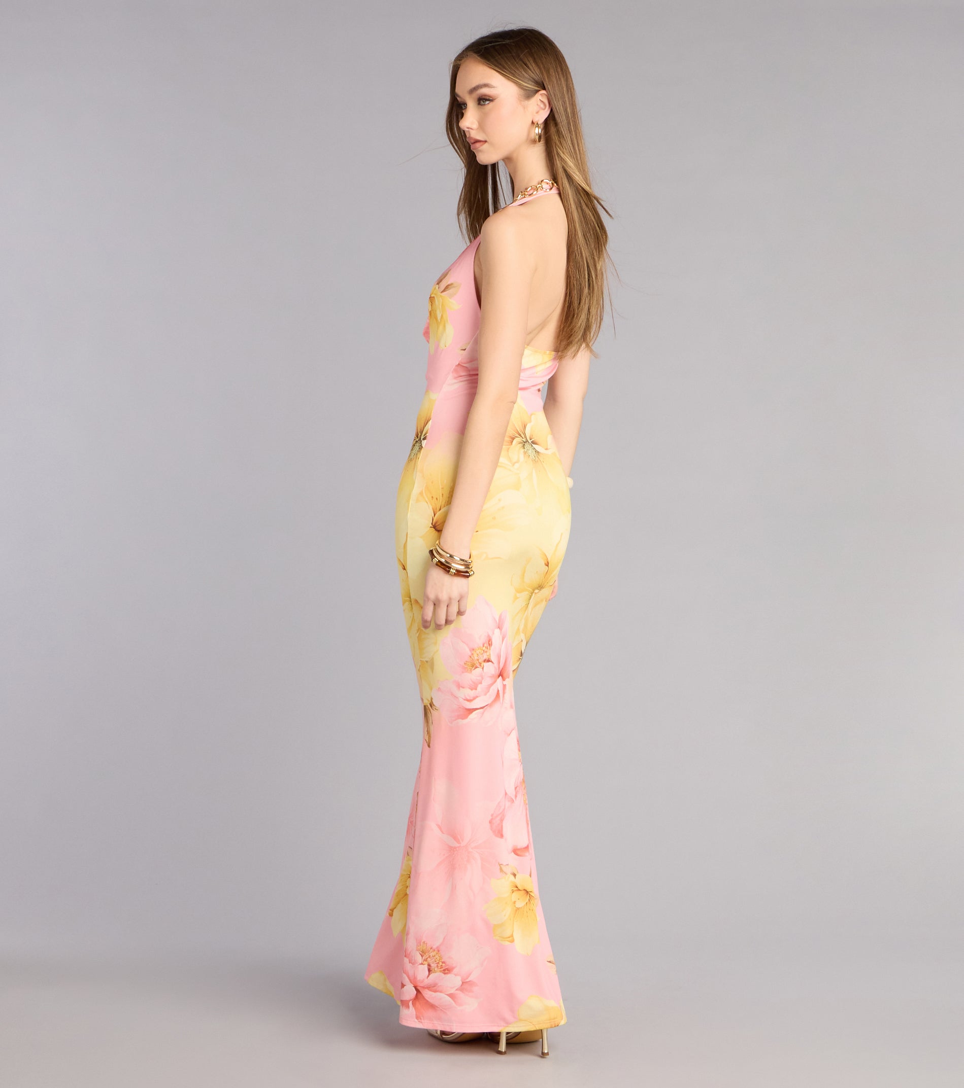 Sunset Garden Floral Cowl Neck Maxi Dress