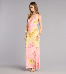 Sunset Garden Floral Cowl Neck Maxi Dress
