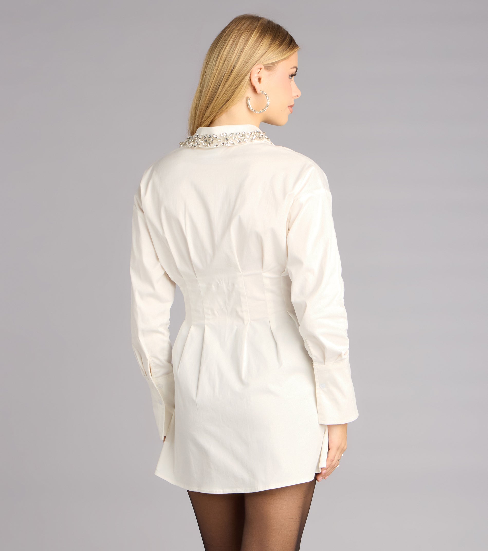Prep School Princess Rhinestone Collar Shirt Dress