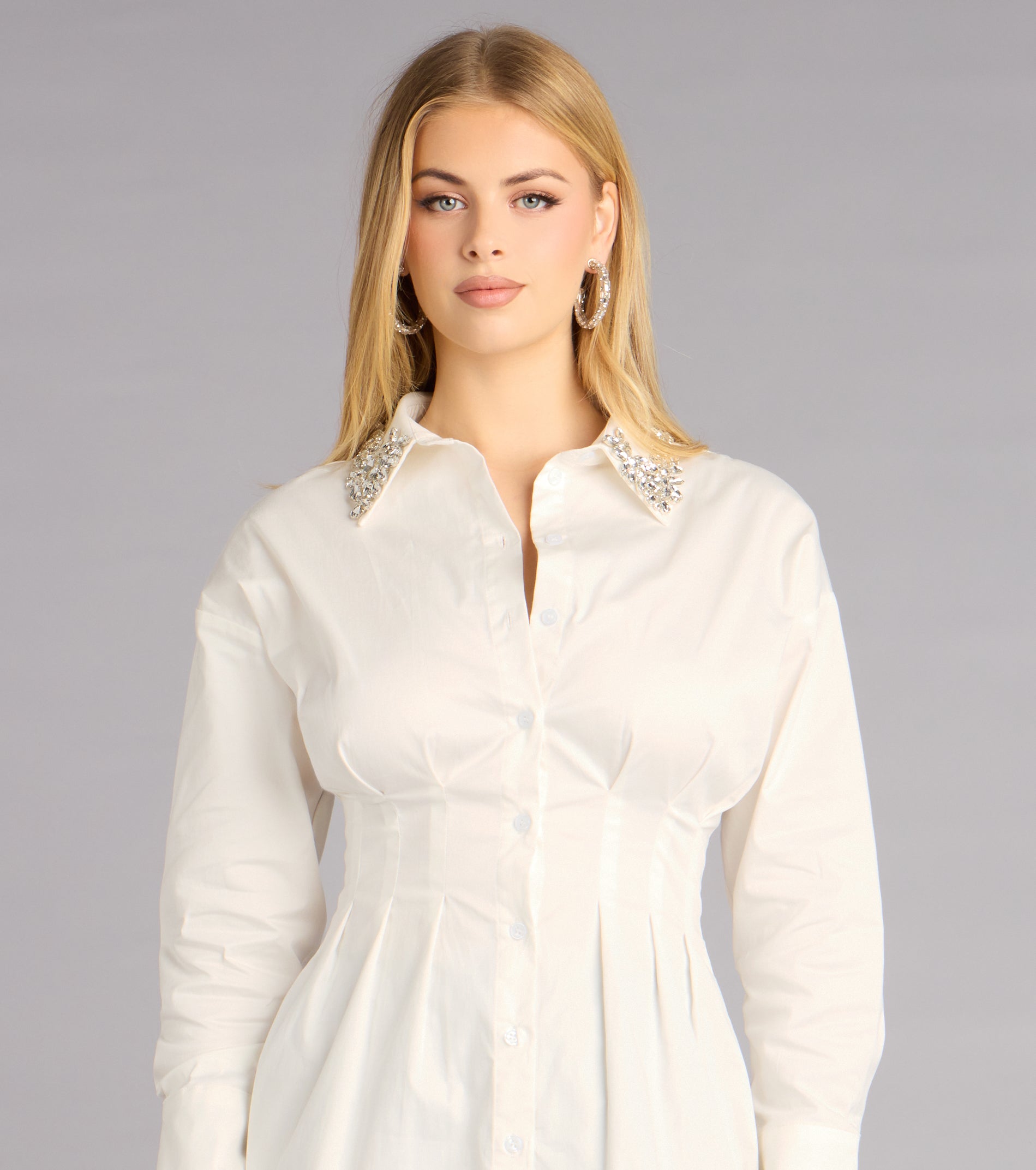 Prep School Princess Rhinestone Collar Shirt Dress