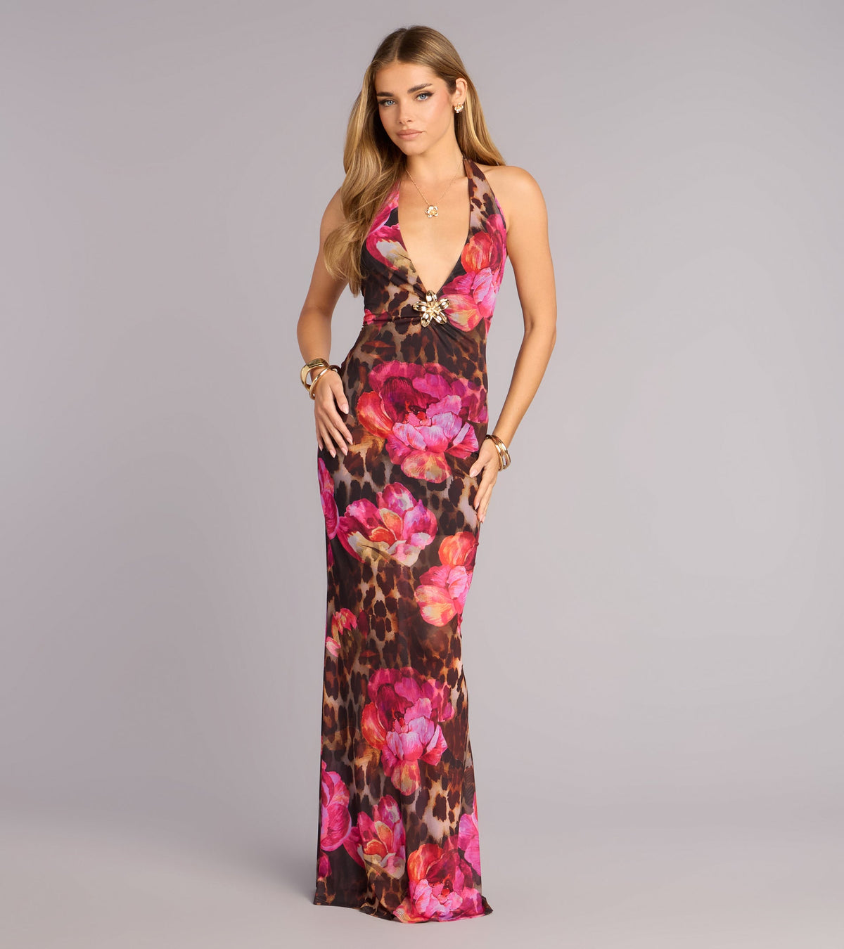 Wild Bloom Cowl Halter Maxi Dress