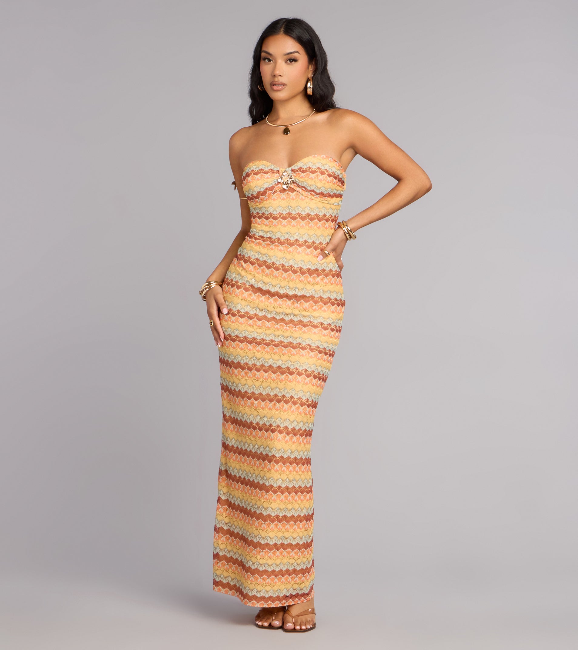 Golden Glow Strapless Maxi Dress