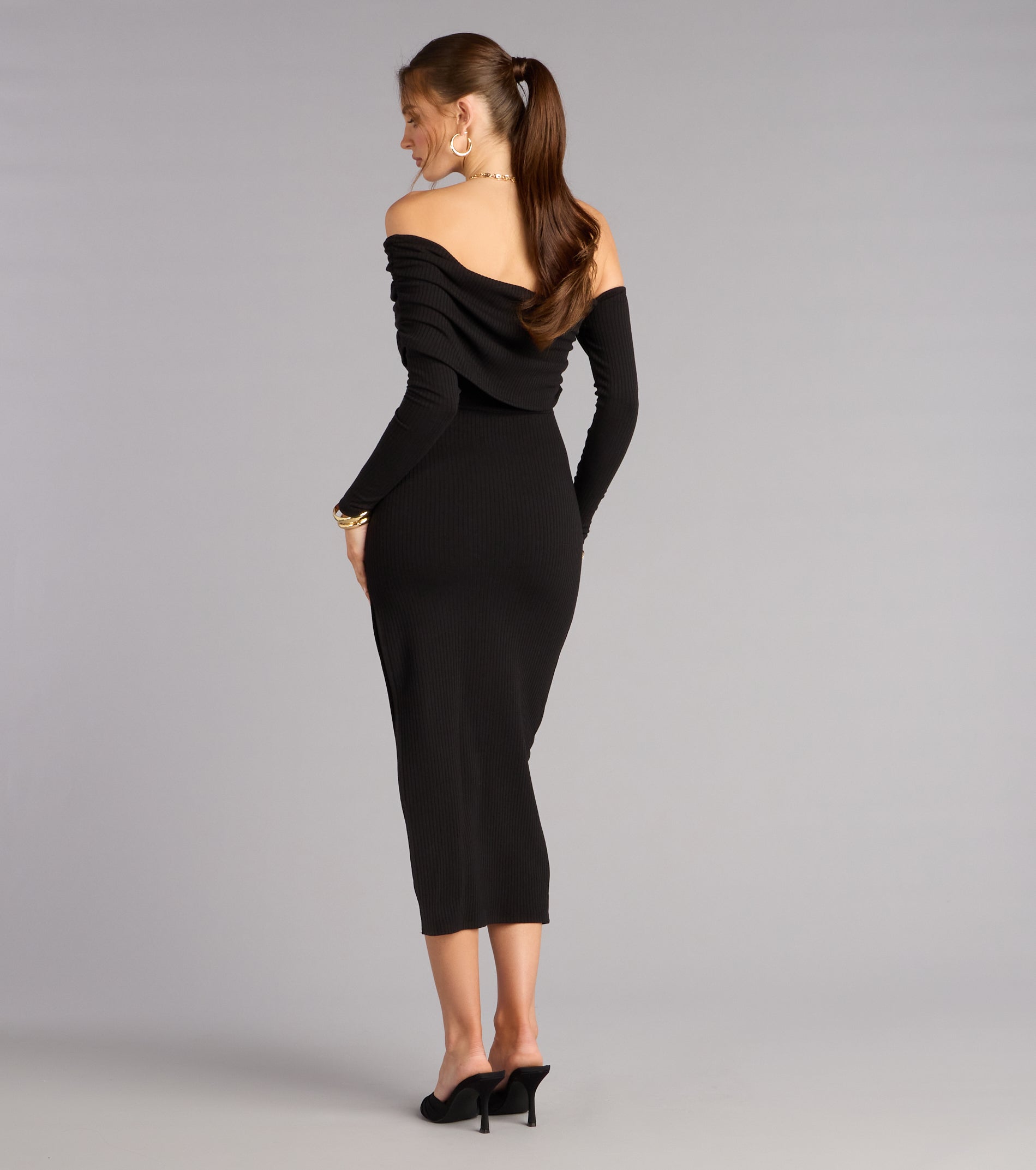 Sweep Me Away Ribbed Off Shoulder Midi Dress
