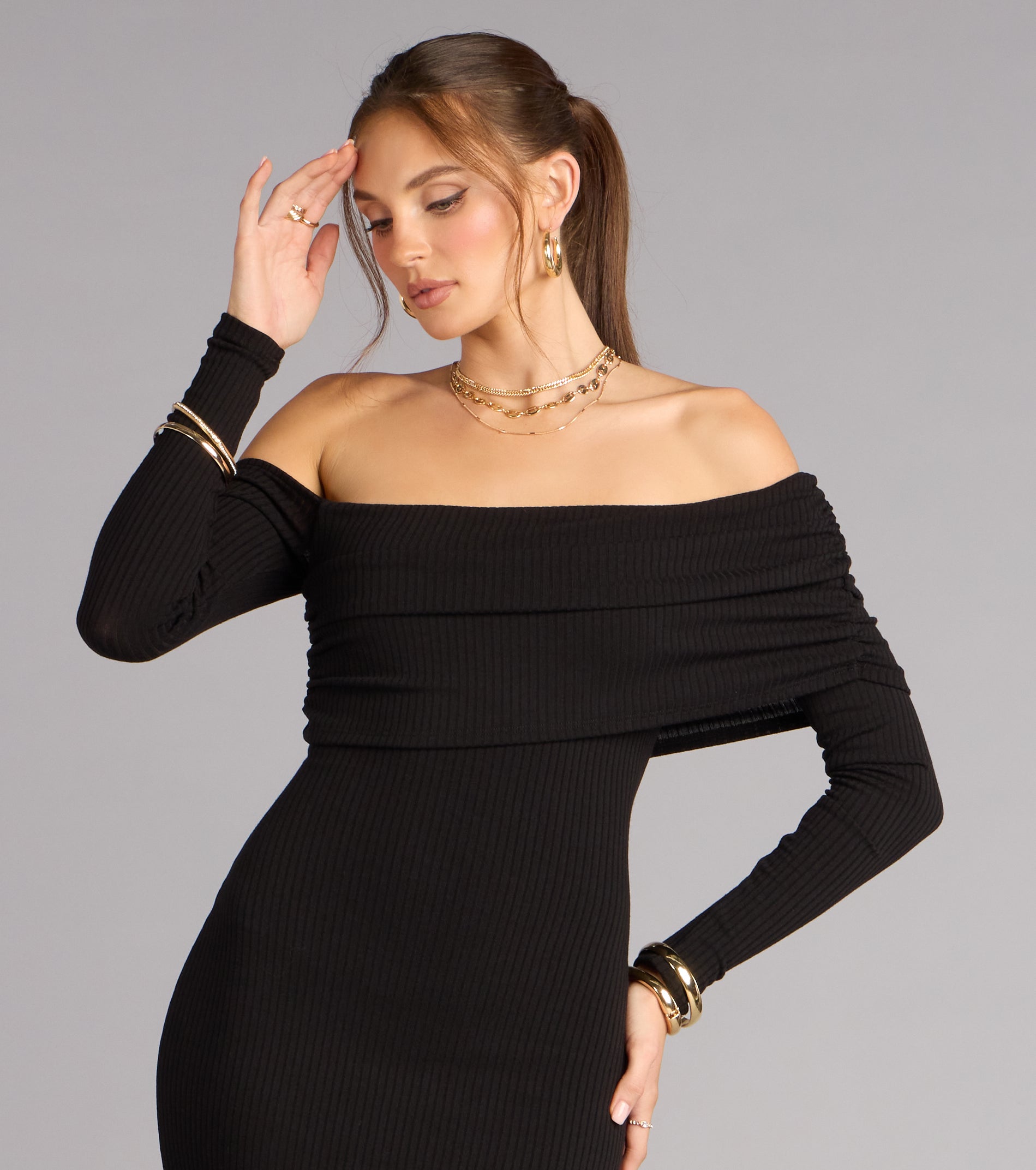 Sweep Me Away Ribbed Off Shoulder Midi Dress