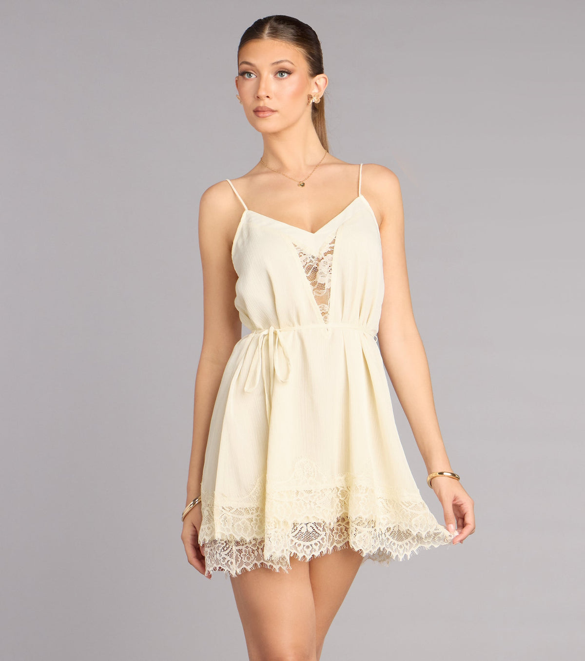 Pretty Plans Chiffon And Lace Skater Dress