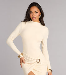 Dinner Plans Locked Mock Neck Wrap Midi Dress