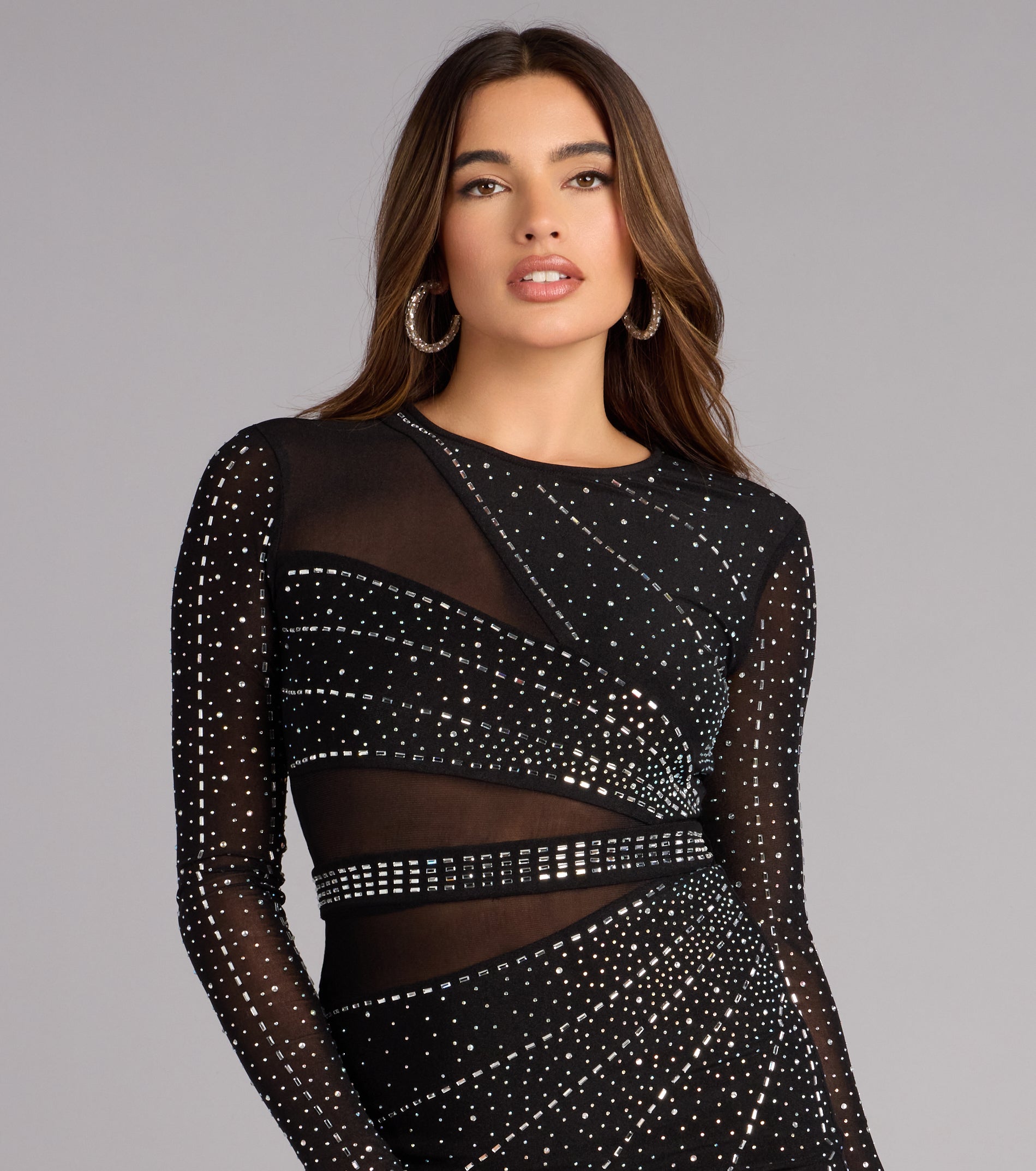 Undeniable Glamour Rhinestone Sheer Mesh Mini Dress