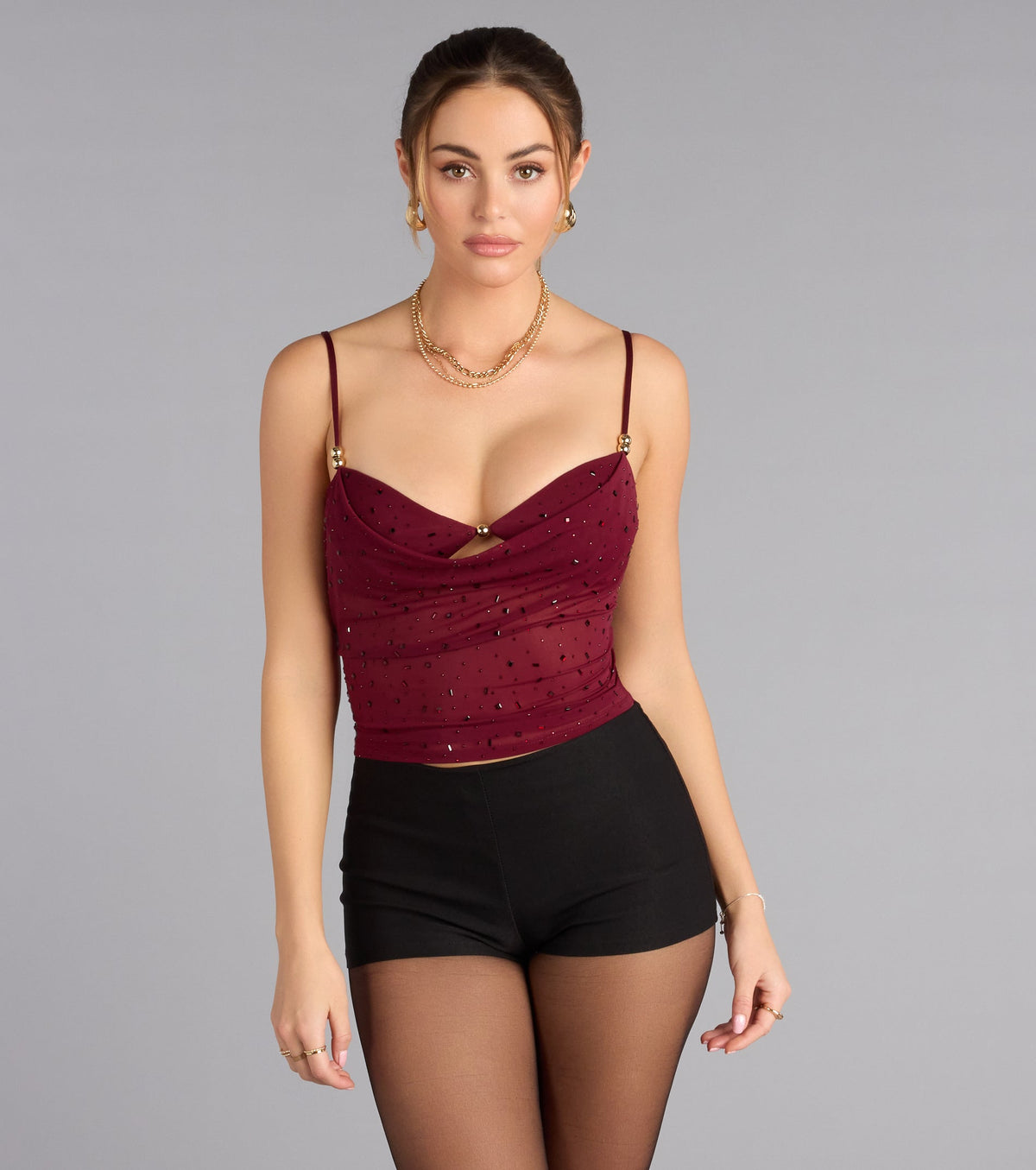 Glow Play Cowl Rhinestone Beaded Tank Top