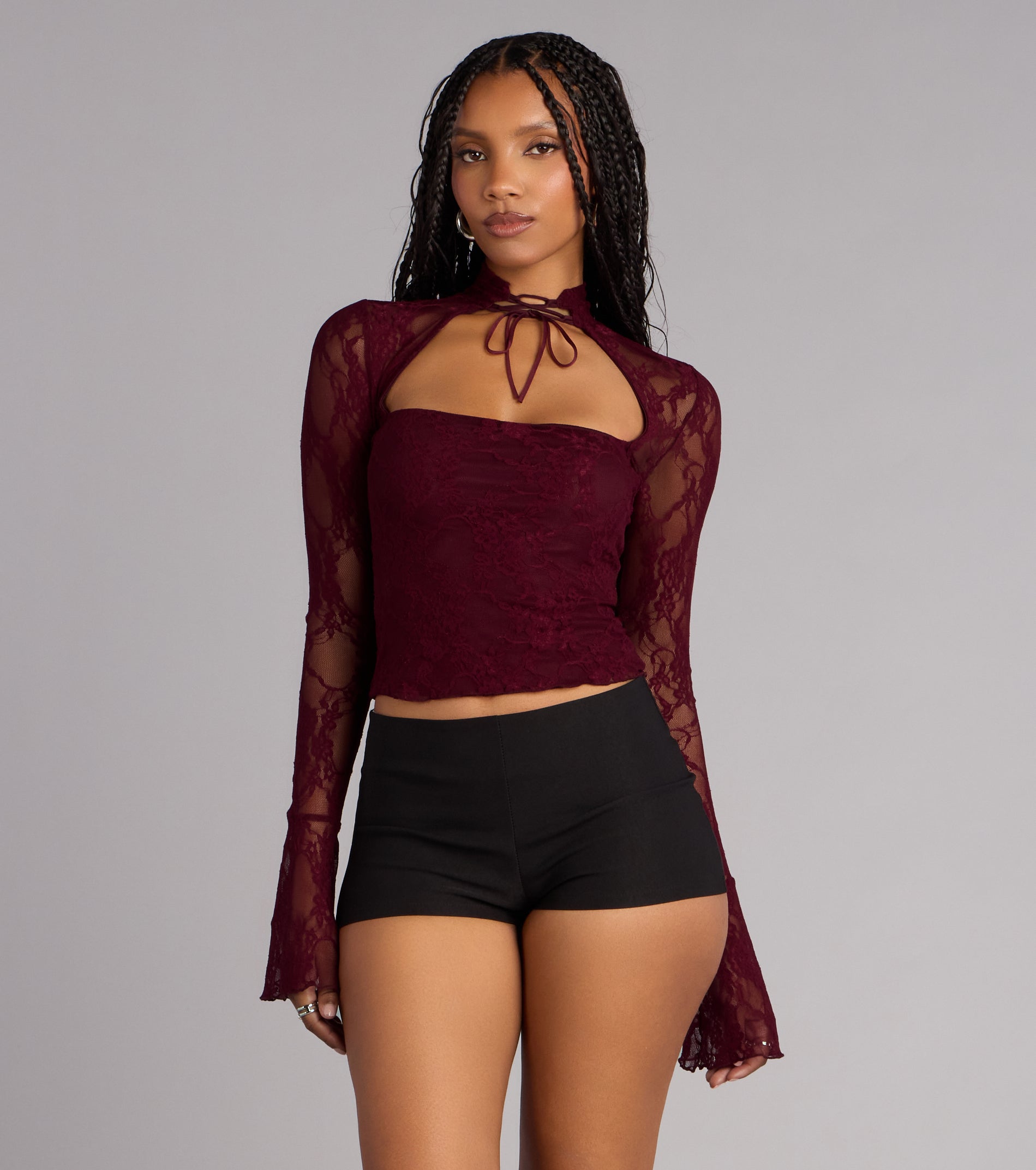Polished Temptation Lace Long Sleeve Tie Top