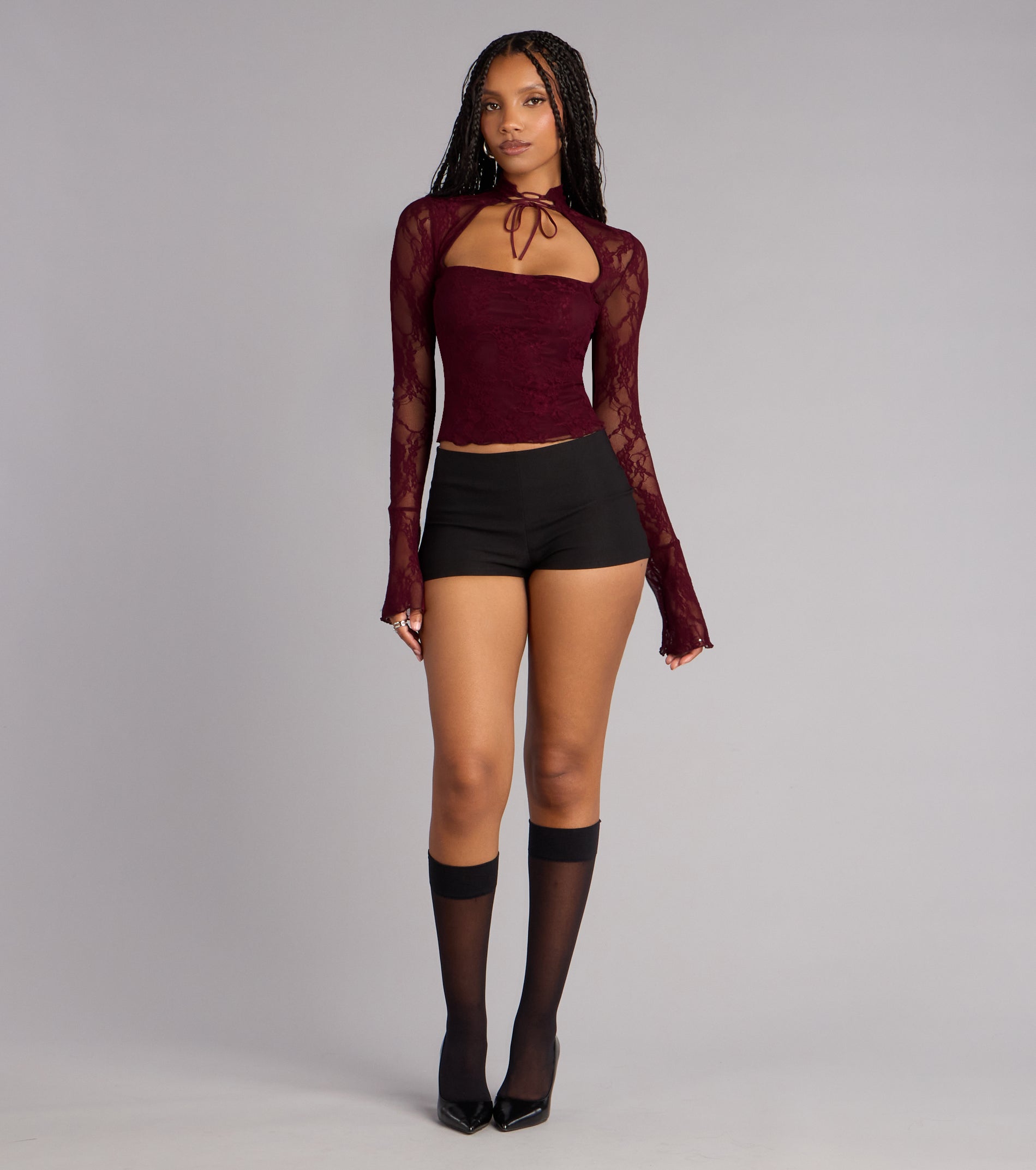 Polished Temptation Lace Long Sleeve Tie Top