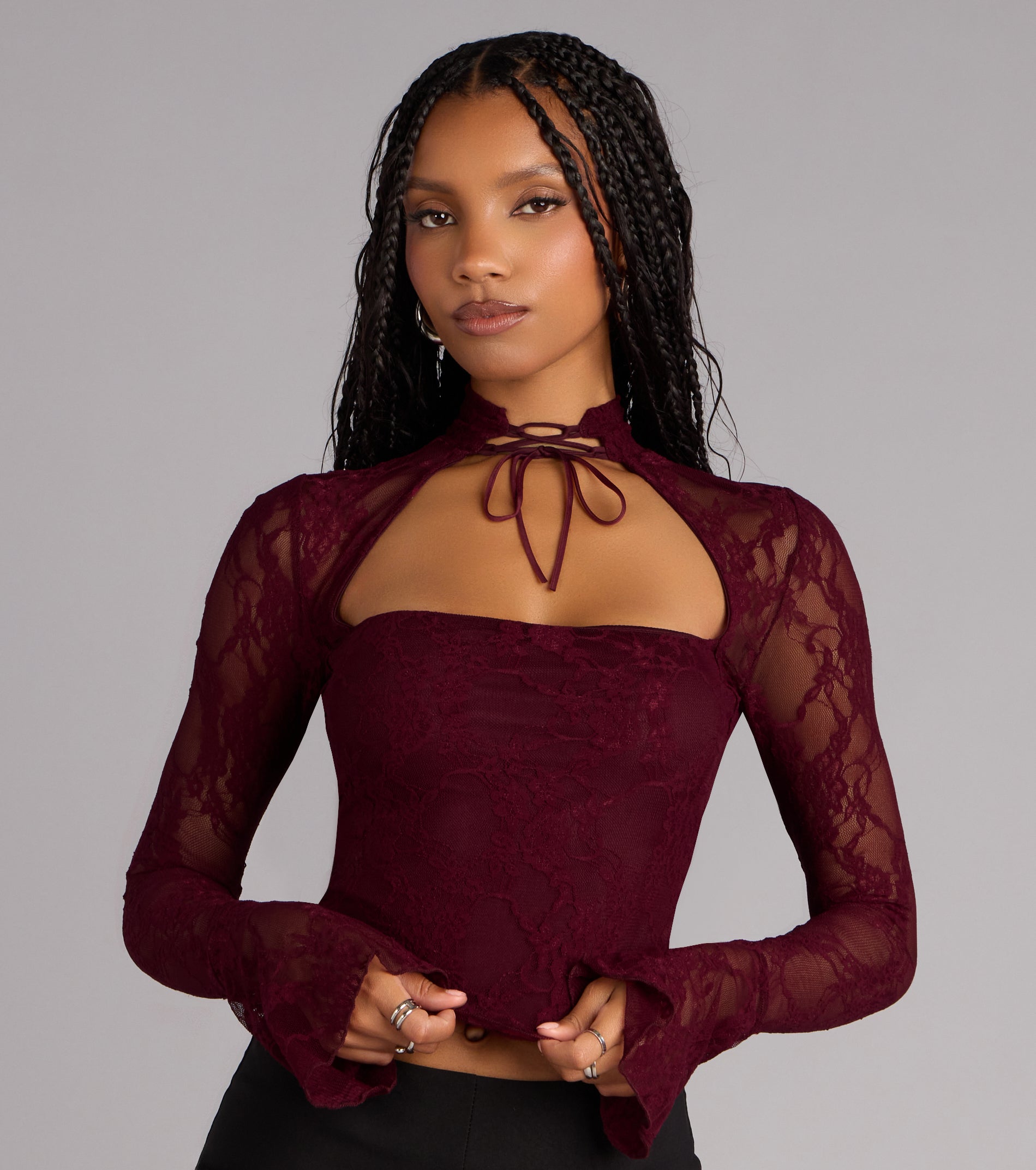 Polished Temptation Lace Long Sleeve Tie Top