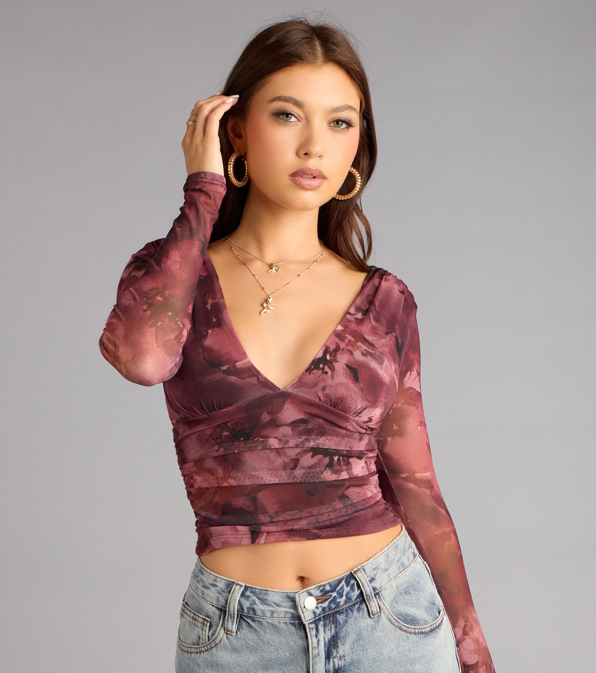 Soft Focus Drama Mesh Plunge Crop Top