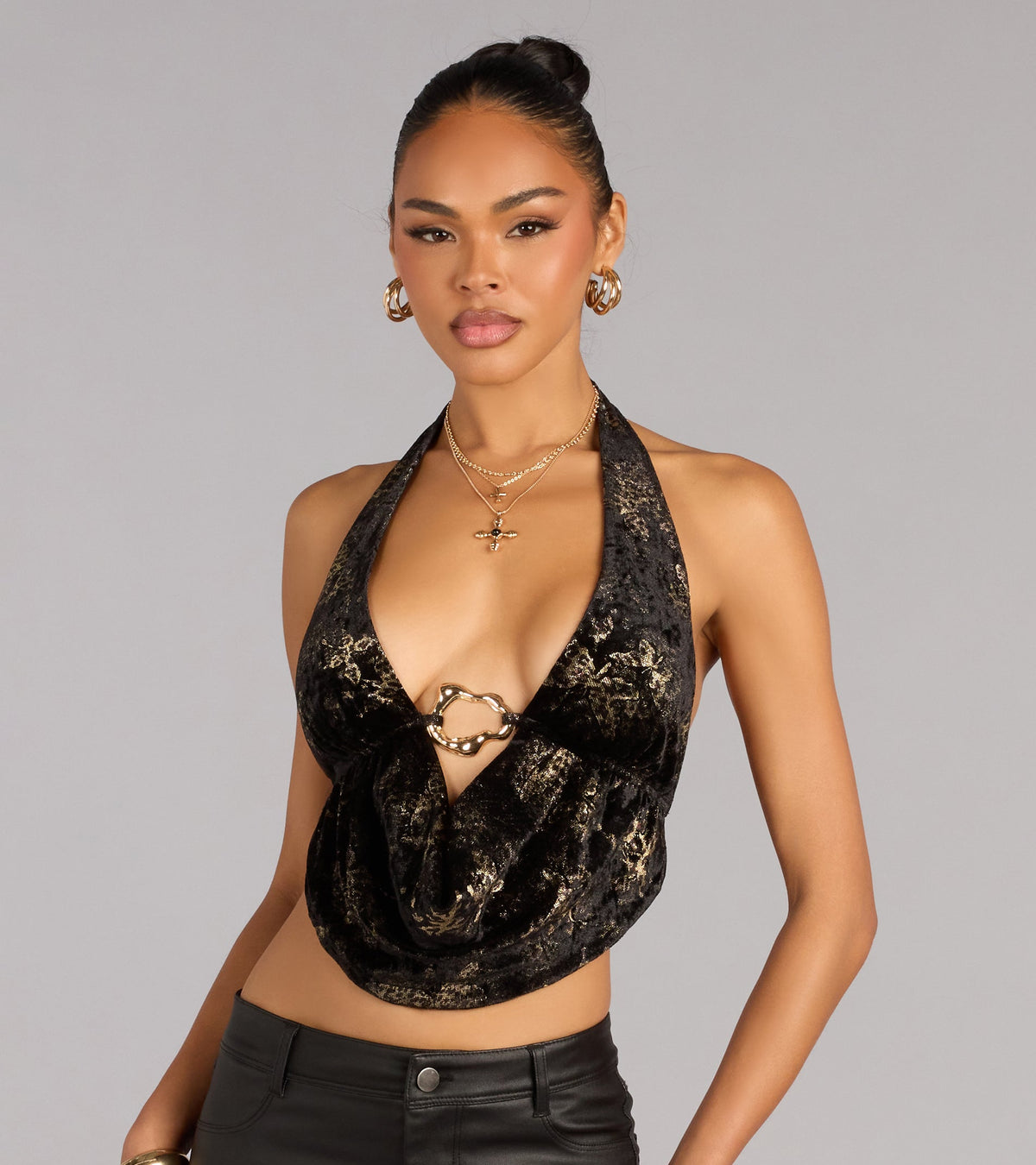 Soft Shine Foiled Velvet Halter Crop Top