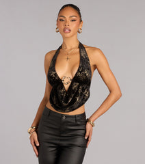 Soft Shine Foiled Velvet Halter Crop Top