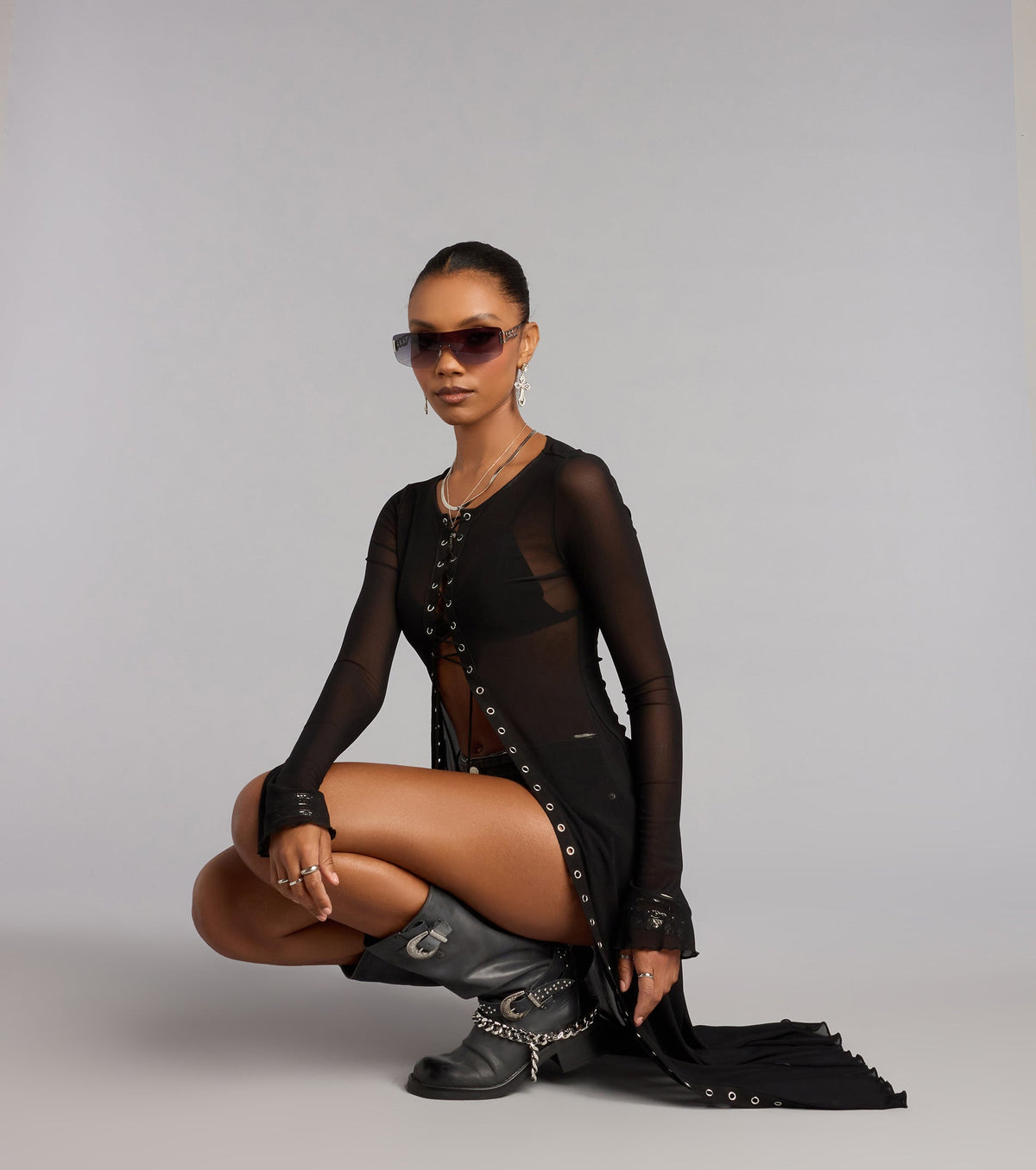 Night Mode Lace Up Mesh Long Top