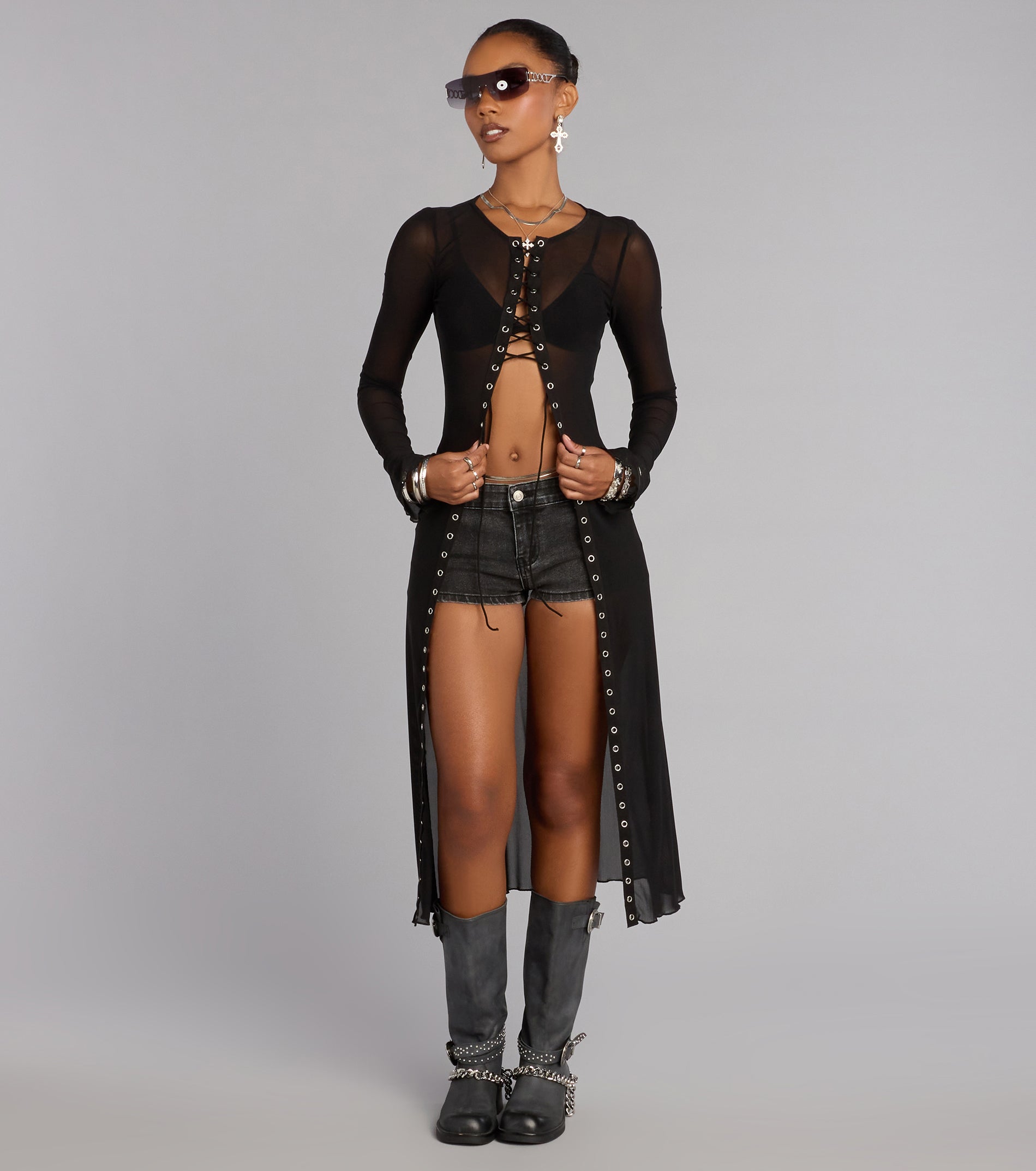 Night Mode Lace Up Mesh Long Top