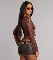 Flirty Edge Studded Trim Lace Long Sleeve Top
