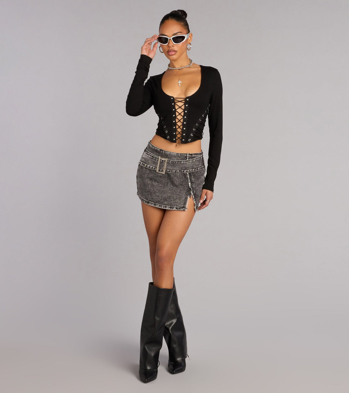 Confident Moves Lace-Up Long Sleeve Crop Top