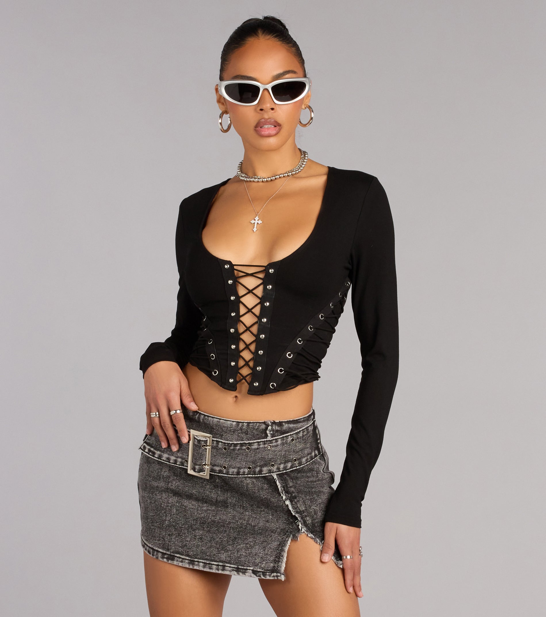 Confident Moves Lace-Up Long Sleeve Crop Top