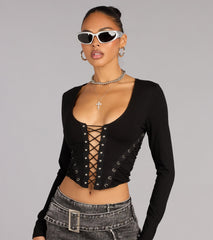 Confident Moves Lace-Up Long Sleeve Crop Top